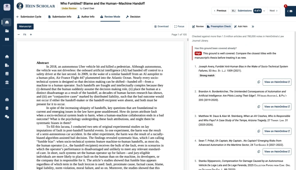 Hein Scholar Review Mode: a manuscript beside its Preemption Check, listing the most similar published articles from HeinOnline’s Law Journal Library