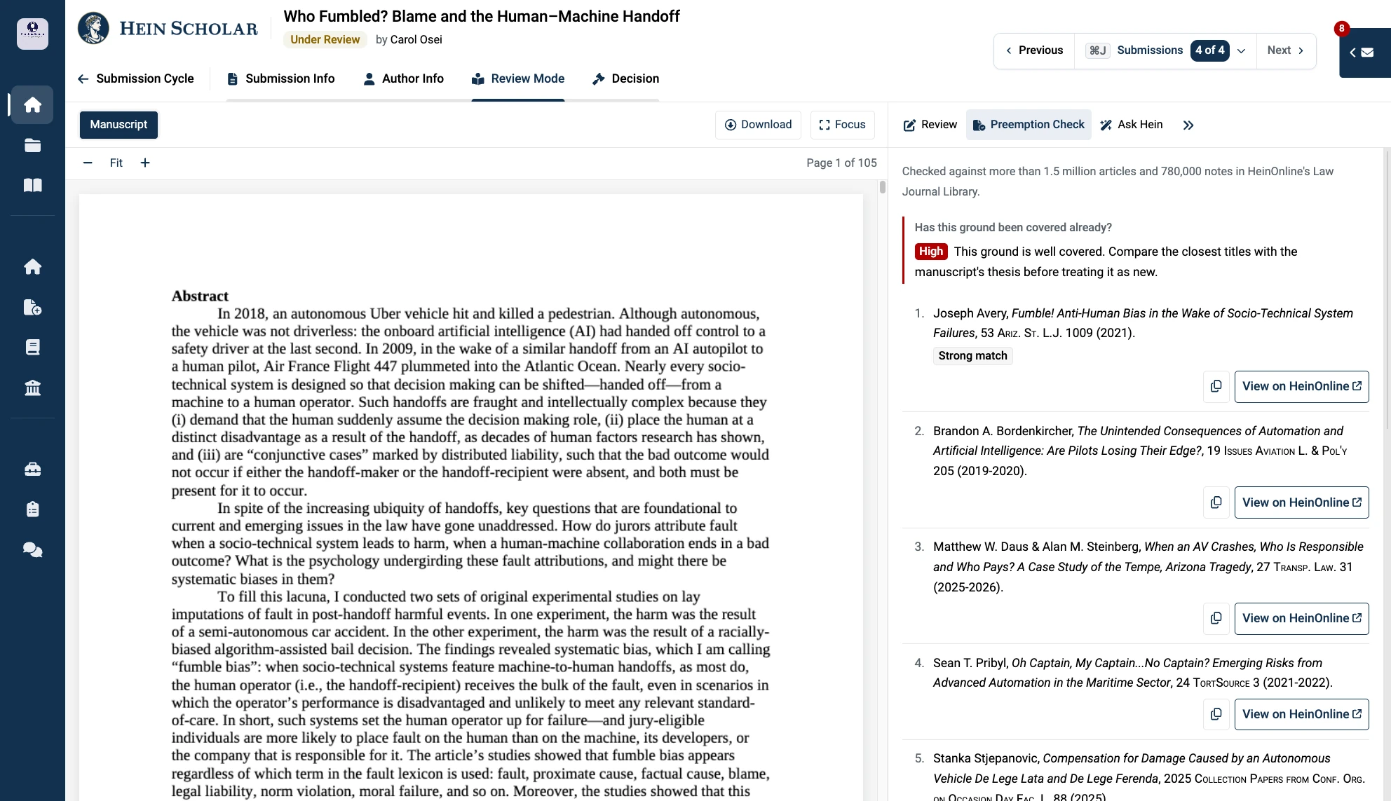 Hein Scholar Review Mode: a manuscript beside its Preemption Check, listing the most similar published articles from HeinOnline’s Law Journal Library