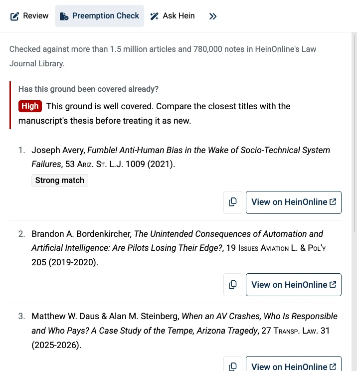Hein Scholar Preemption Check: checked against more than 1.5 million articles and 780,000 notes, with the closest published titles and links to HeinOnline
